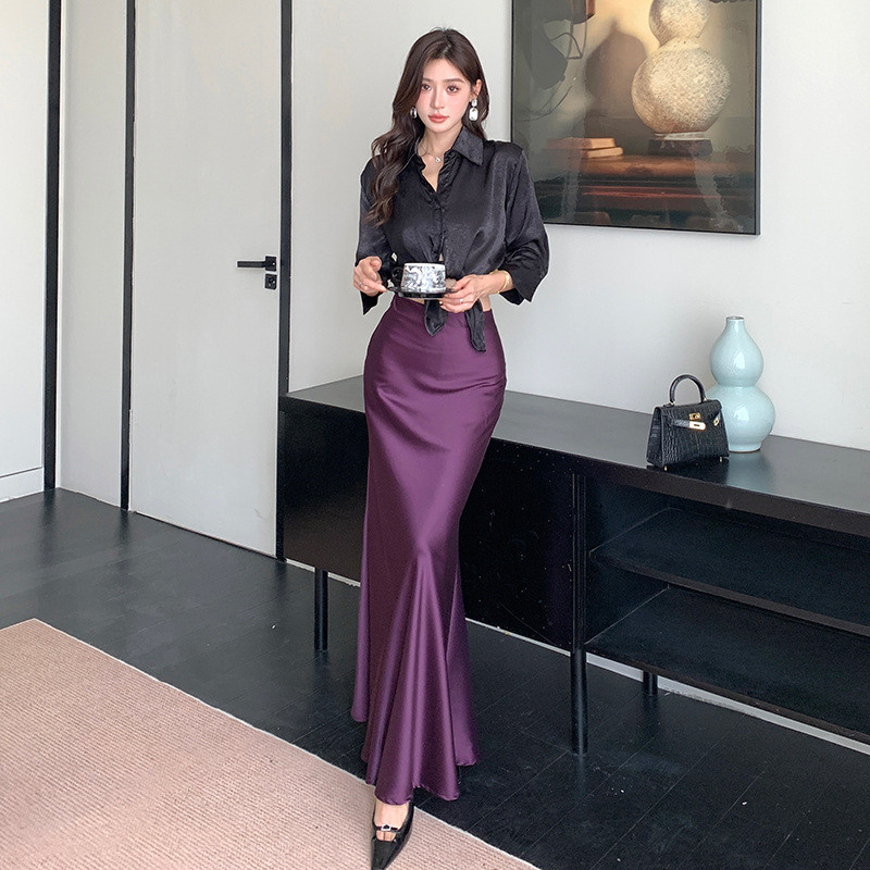 ROK SATIN PREMIUM WARNA UNGU - Desain Ekor Ikan & Fit Tubuh Wanita Elegan