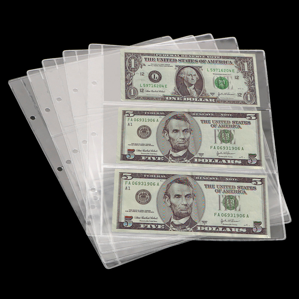 

5PCS 3-Slot Paper Money Collection Album Portable Paper Money Protective Bag Banknotes Holder Loose Leaf Sheet for Collector