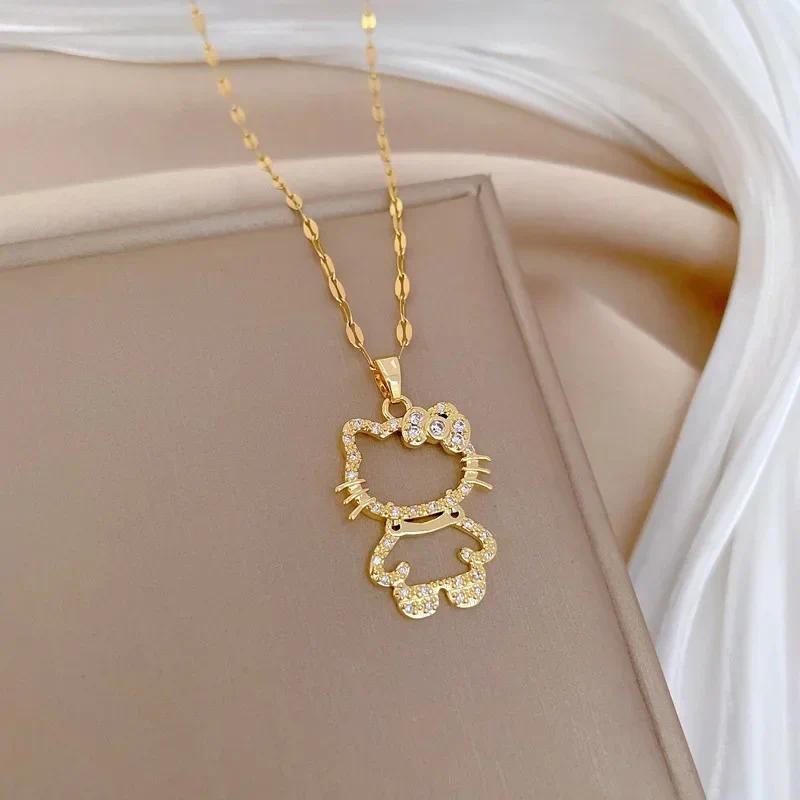 

Kawaii Cute Hello Kitty with Zircon Charm Necklaces for Women Girls Stainless Steel Chain Jewelry Accessories Gift for Friends