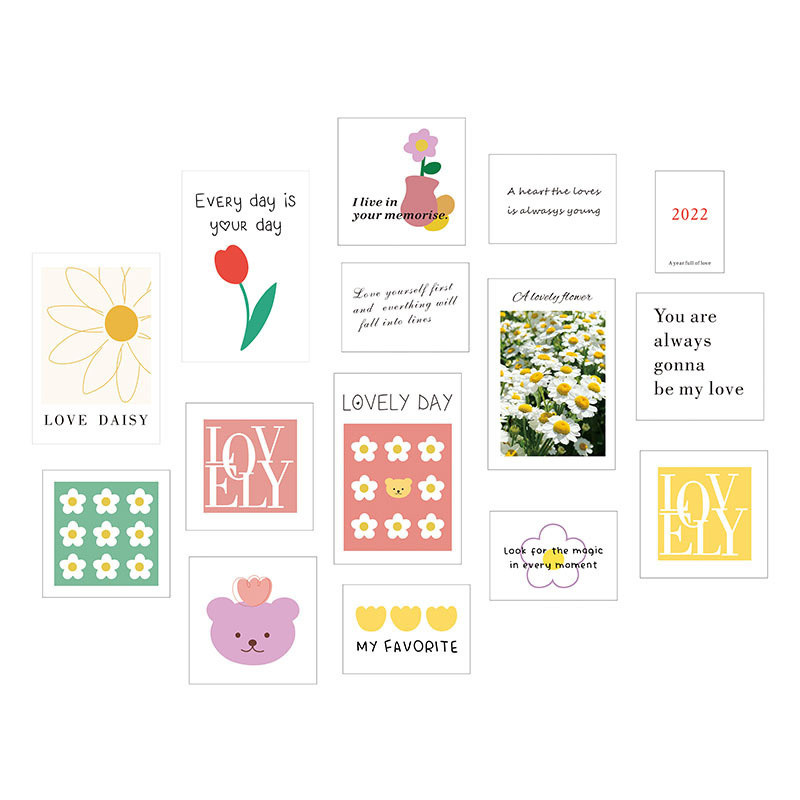 

Korean Ins Cartoon Bear Daisy Flower Postcard Decorative Card Home Decor Kawaii Mini Poster Diy Background Wall Sticker 15sheets