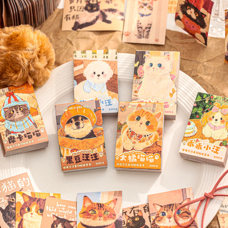 

5 Set Stiker Mini Hewan - 60 Lembar Tema Kucing/Anjing Perlengkapan Kertas