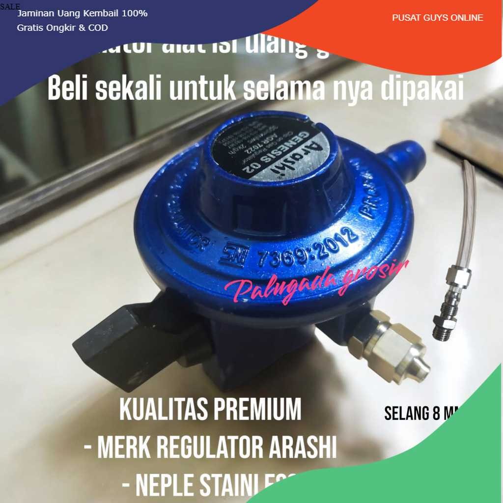 PUSAT Regulator isi ulang gas portable neple stainless selang 8 mm kualitas premium