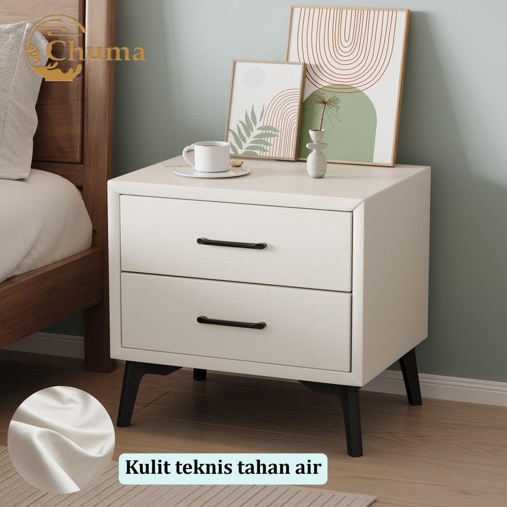 Meja Nakas  Kulit+Kayu 2 Laci Bedside Table Lemari Nakas Putih Meja Samping Meja Nakas Minimalis Kam