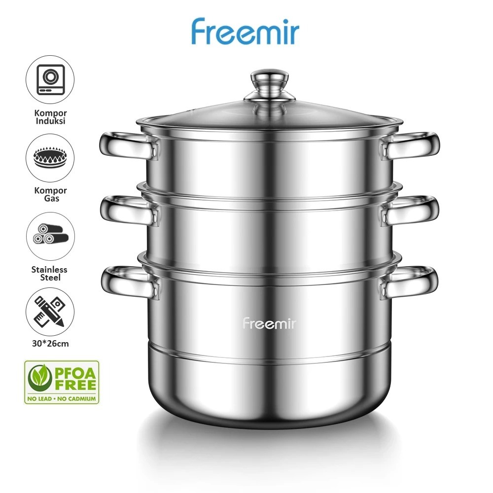 PANCI KUKUS FREEMIR 3 SUSUN 26CM FR21401 | Panci Kukus Tutup Kaca Freemir 3 Susun FR21401 Stainless