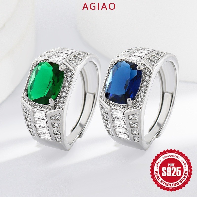 AGIAO Cincin Berlian Hijau Emas Platinum Zircon Biru Asli Fashion Pria