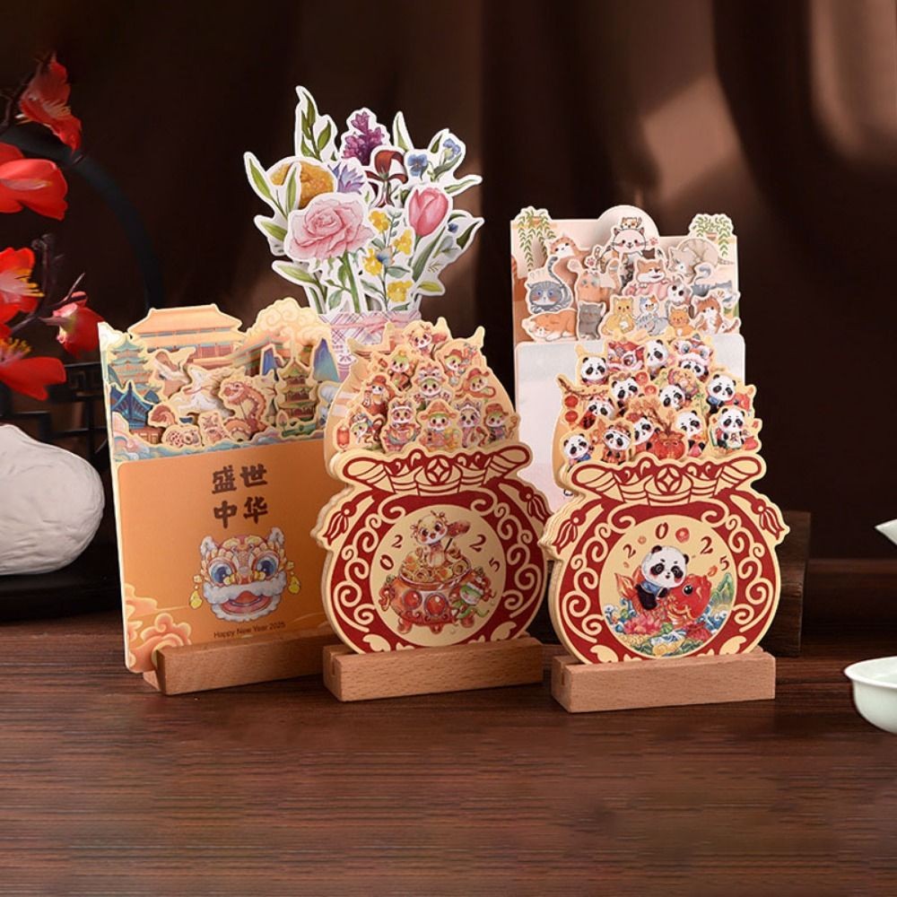 

With Base 2025 Desktop Calendar Card Insert Design Paper Craft Floral Desk Calendar Traditional Snake Year Wooden Calendar