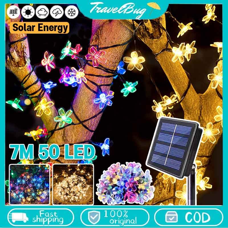7M 50 LED Lampu String Surya Lampu Solar Lampu Natal Bunga Sakura LED Lampu String Surya Bunga-bunga