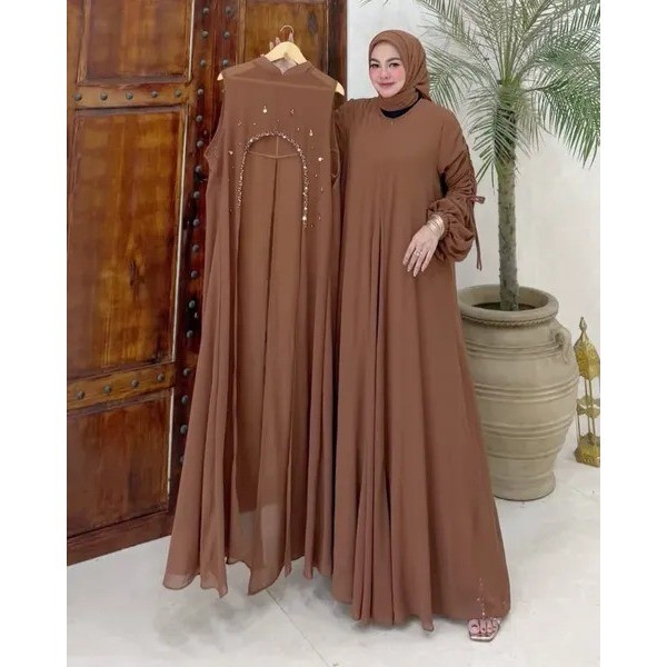 Dress Wanita Elora Set Outer Gamis Pesta Mewah Elegan Ceruty Babydoll Dress Kondangan Payet 2025