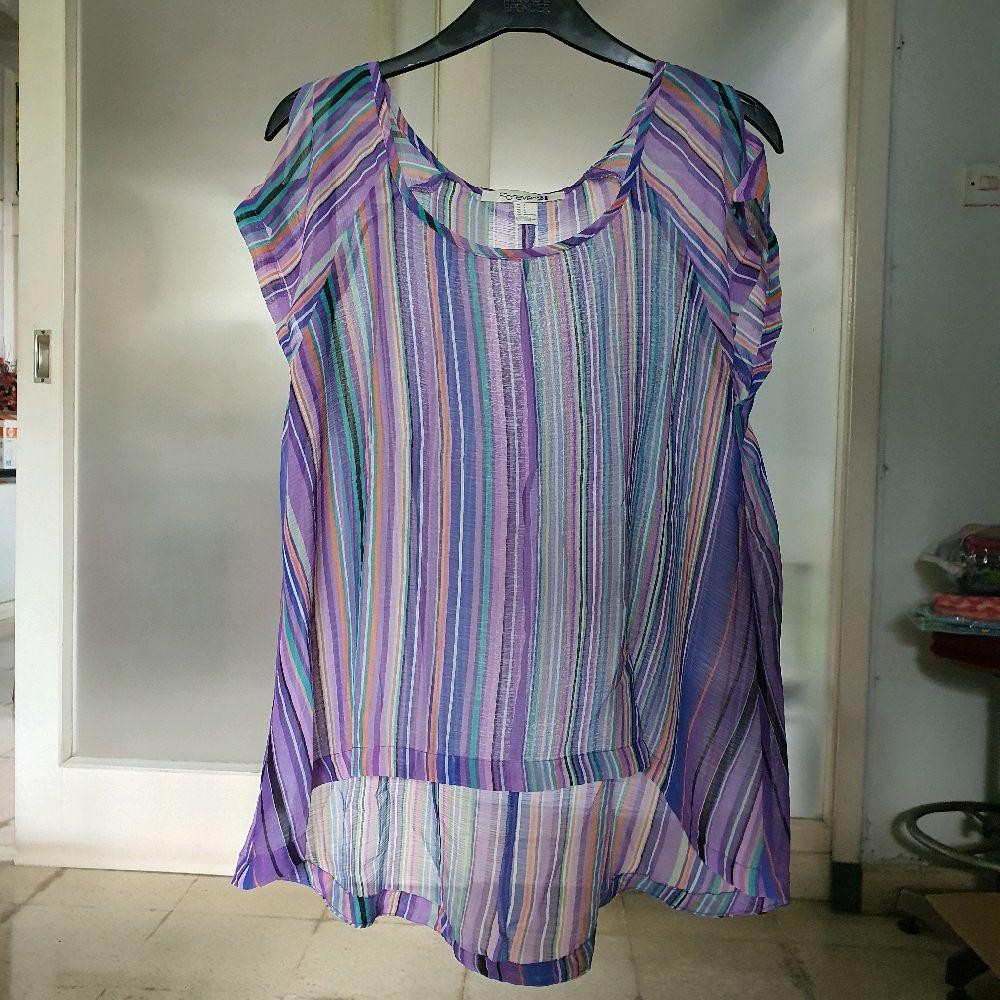 B baju wanita blouse blus luaran sifon merek forever 21 motif garis vertikal warna ungu preloved
