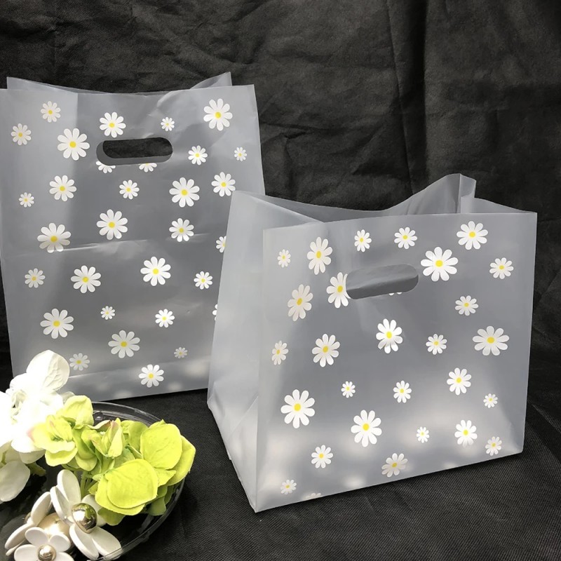 

50Pcs Daisy Flower Plastic Gift Bag With Handle Christmas Wedding Party Gift Bag Candy Cake Packaging Bag