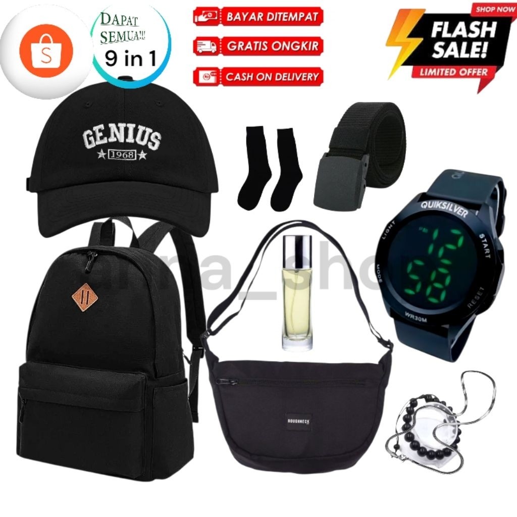 MK89UH Paket Lengkap Sekolah Tas Ransel Bahu Selempang Slingbag Topi Distro Running Keren Jam Tangan