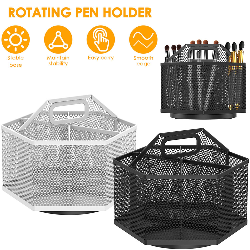 

360 Degree Rotating Pen Holder Hexagonal Metal Rotating Pencil Organizer with 6 Compartment Desk Mesh Pen Cup Black/White for