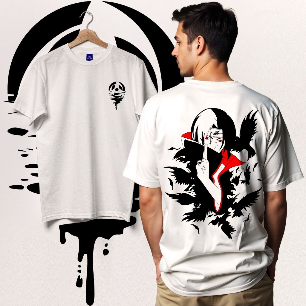 Kaos Putih Karakter Anime Hitam T shirt anime karakter naruto Itachi Uchiha sablon raster kaos katun