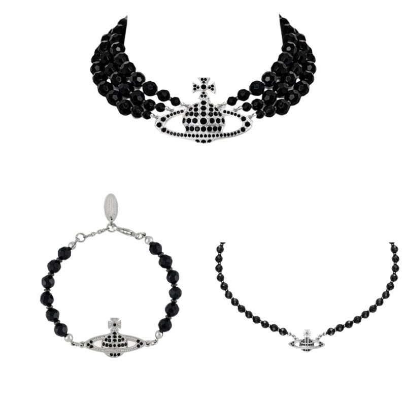 Baru Vivienne Westwood Pengeboran Tiga Mutiara Hitam Kalung Saturnus Besar Departemen Gelap Gelang P