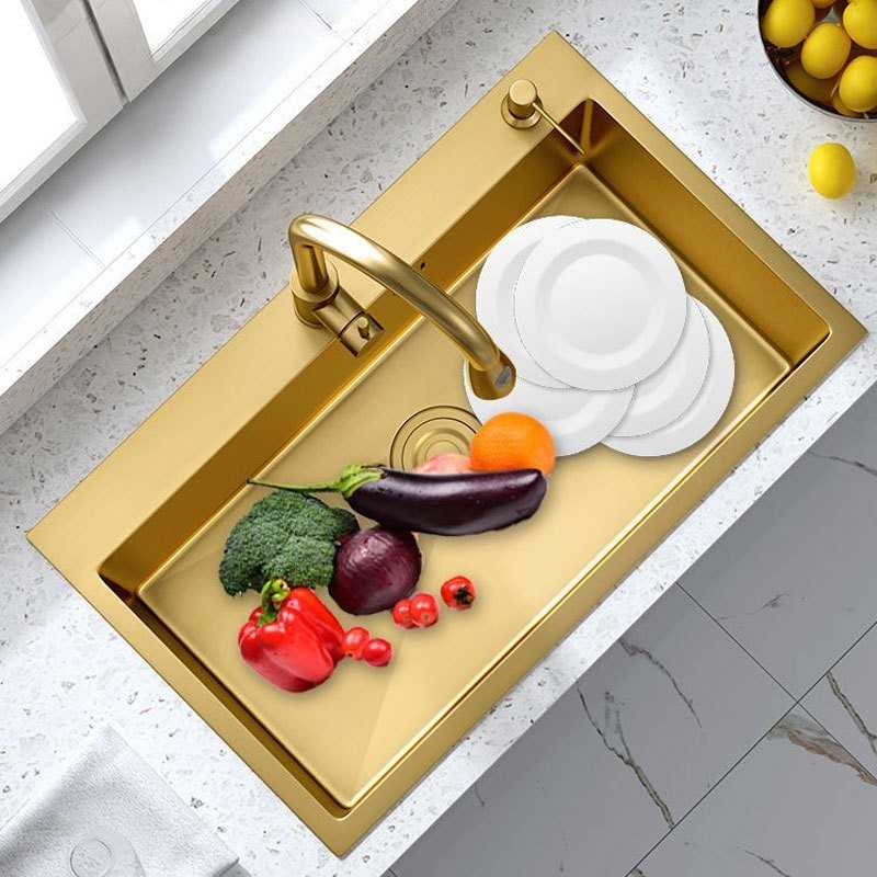 Kitchen Sink Stainless Modern 6045 Gold wastafel sink cuci piring 2 lubang dan Kran Air Tarik Emas B