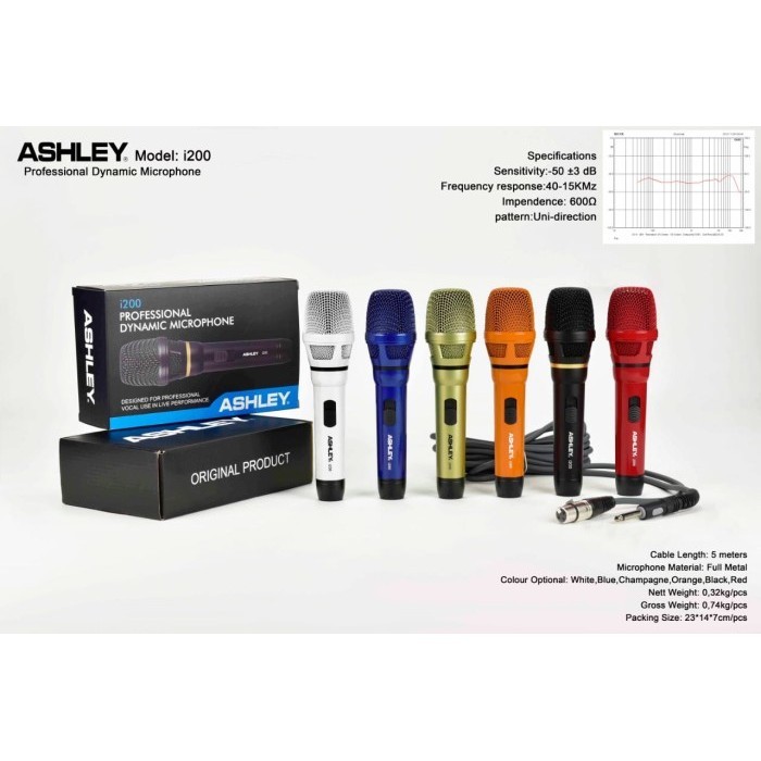 MICROPHONE ASHLEY I200/i 200 MIC KABEL DYNAMIC ORIGINAL / mic kabel ashley i200 Microphone Ashley i 