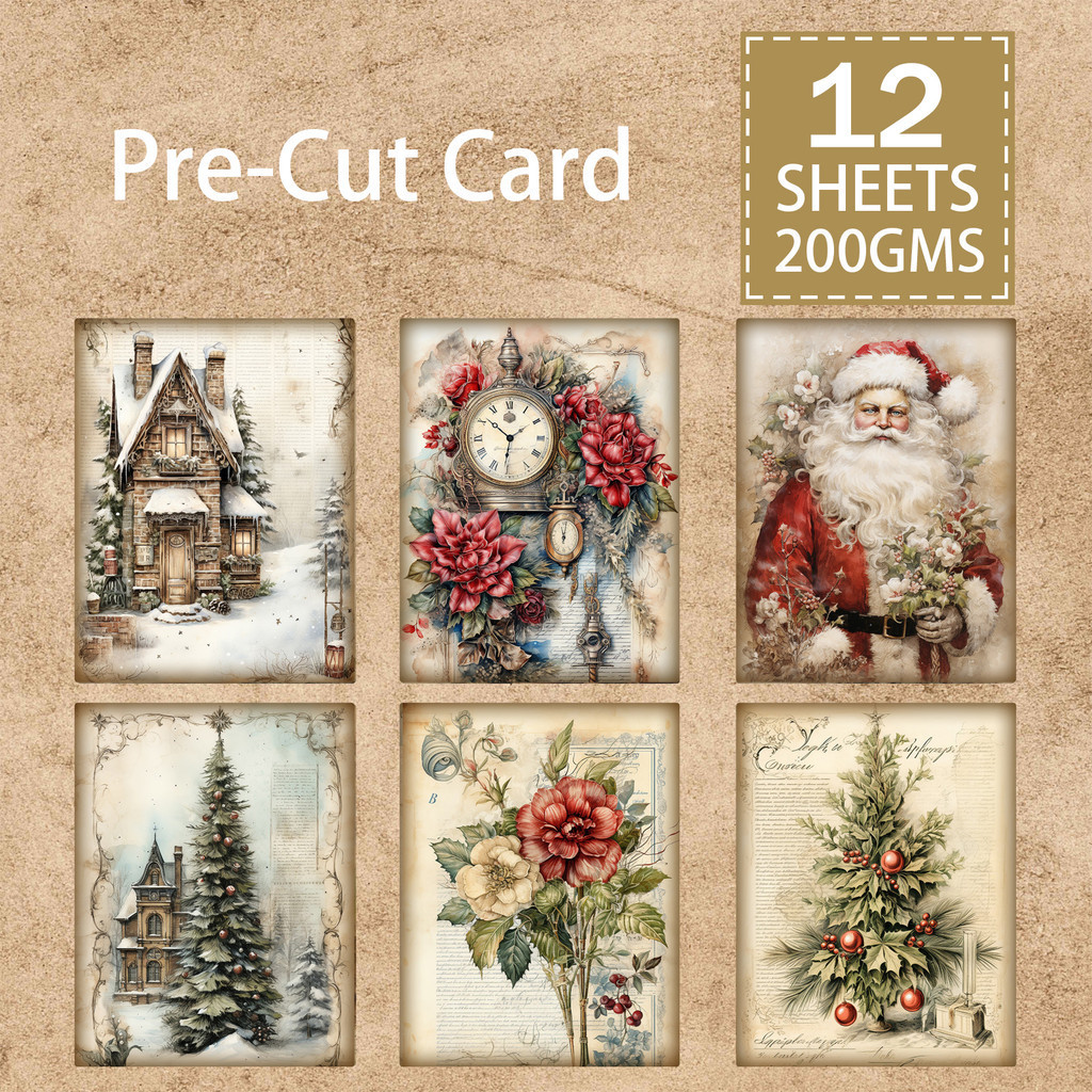 

12 Pc Retro Christmas Tree Santa Claus Die Cut Card Vintage Grunge Journal Planning Scrapbooking