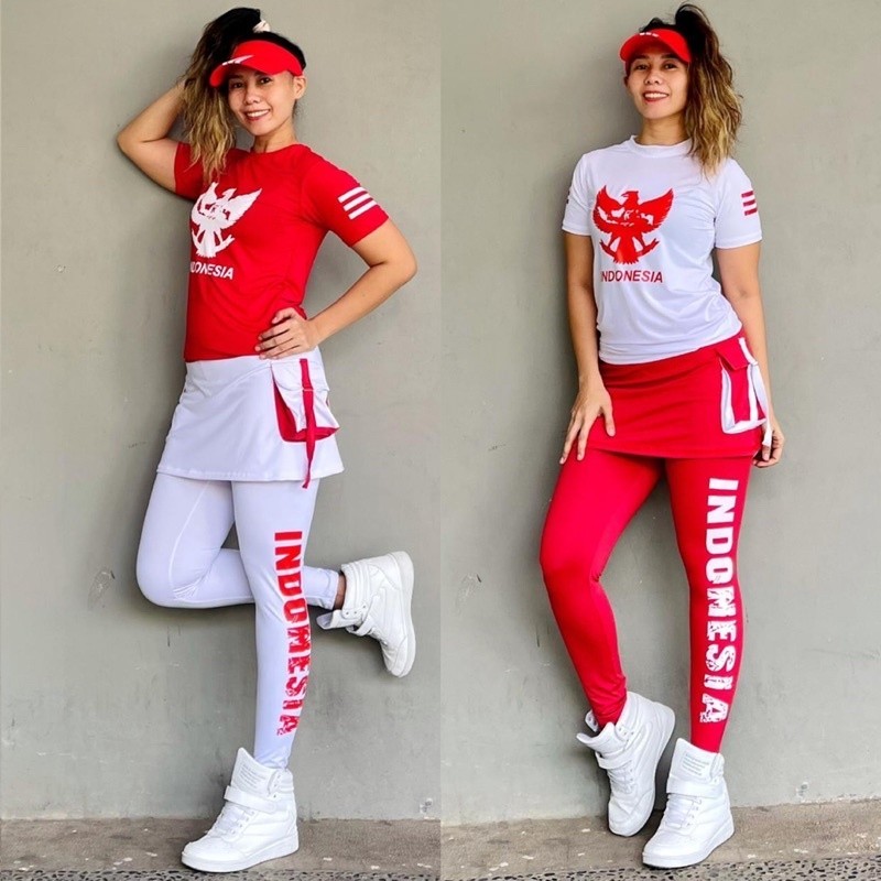 AQ65YH Setelan Olahraga Garuda Rok Merah Putih Indonesia Set Baju Zumba Senam Aerobik Gowes Seragam 
