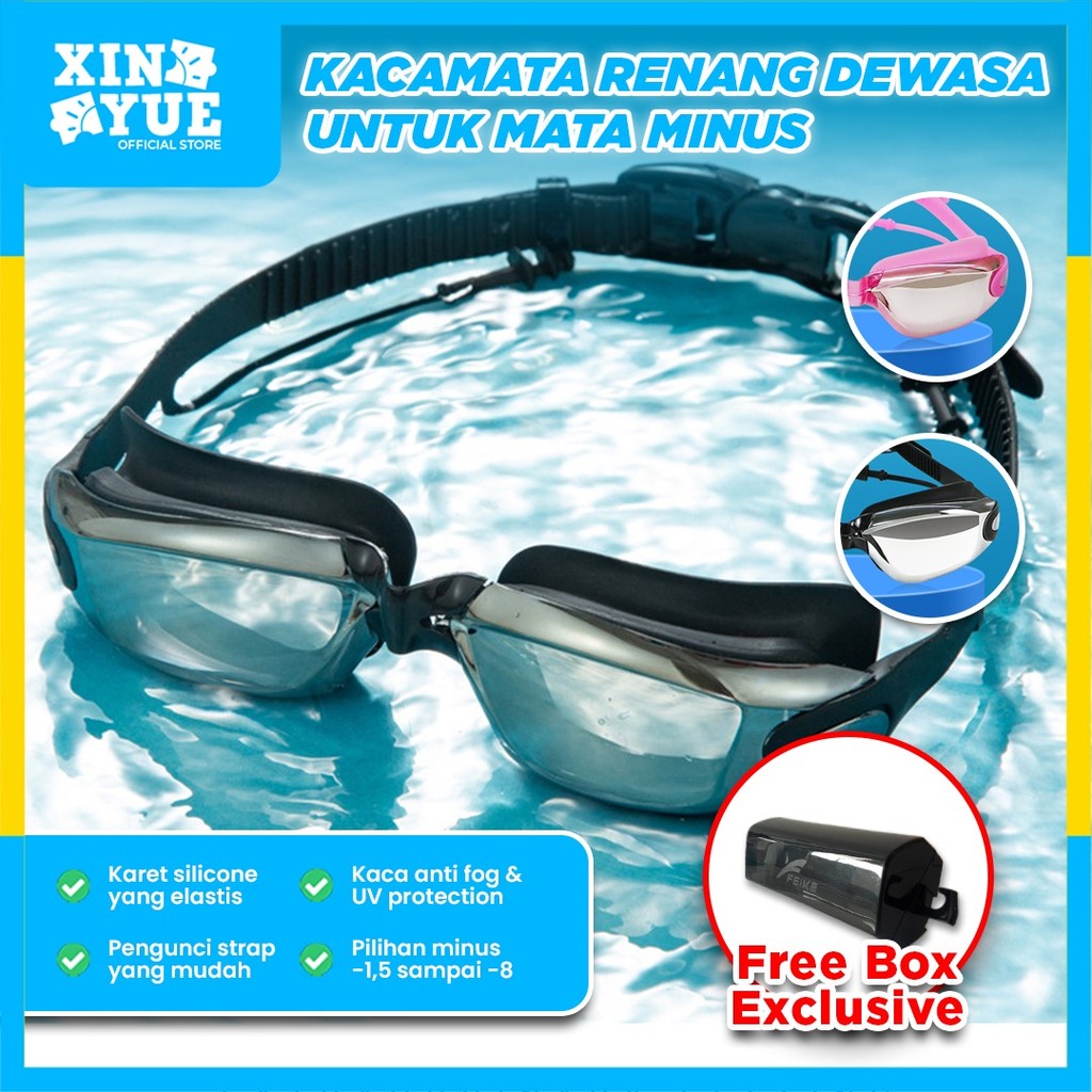 Xin Yue Kacamata Renang Dewasa Lensa Minus Sillicon Anti Fog Embun UV Protection Penutup Telinga