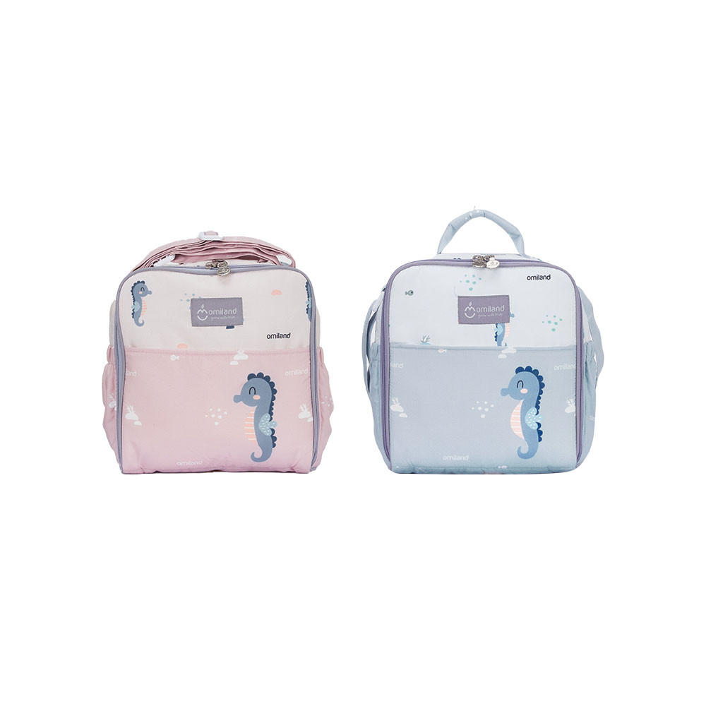 Omiland Bayi Kecil Tas Bayi Kecil Motif Kuda Laut Bahan Kain Micro Warna Biru Langit dan Peach Kecil