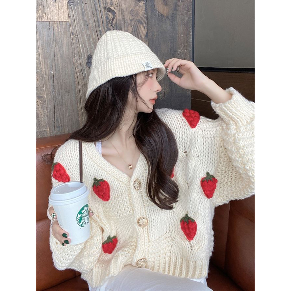 

3D Strawberry Sweet Cardigan Women Loose Long Sleeve Fashion Knitted Sweaters Korean Lazy Wind Casual Female Soft Cardigans