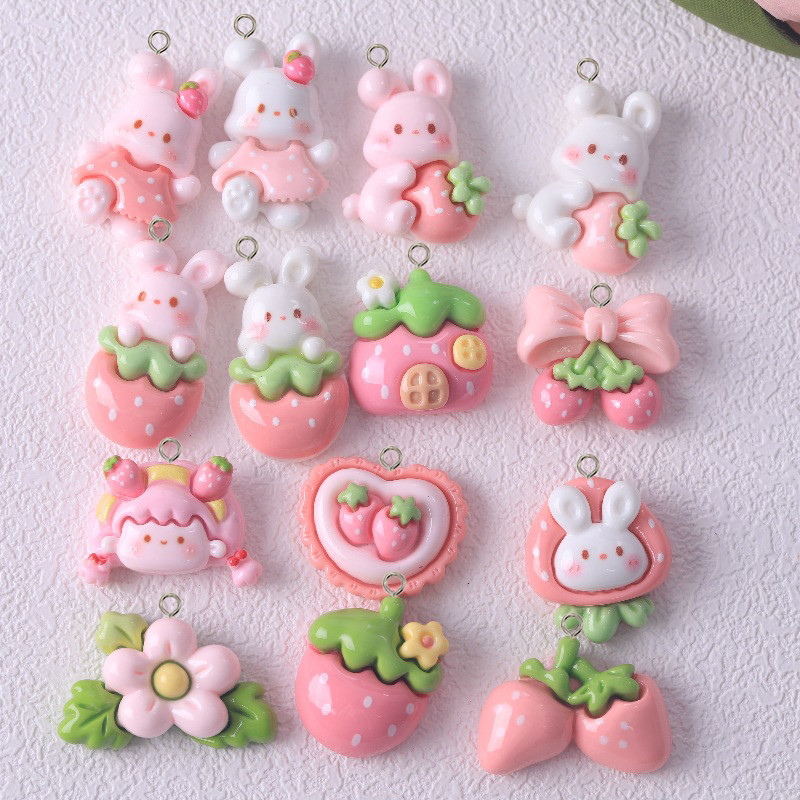 

10Pcs Kawaii Strawberry Rabbit Resin Charms Lovely Cartoon Animals Flatback Pendants for Jewelry Earrings Making DIY Keychains