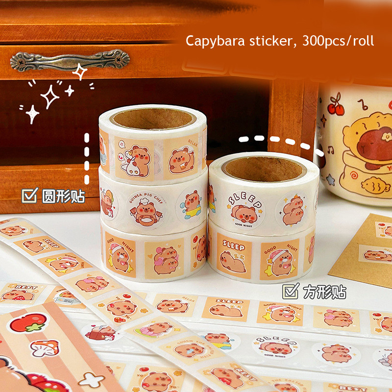 

300pcs/roll Cute Capybara Sticker Sealing Sticker Cute Stickers For Scrapbooking Korean Kawaii Stationery Diary Decoration