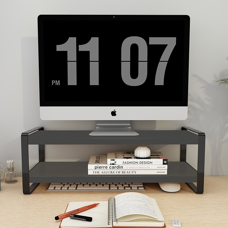 Meja laptop 2 tingkat dudukan alas monitor atau meja LCD bahan kayu solid variasi Besi