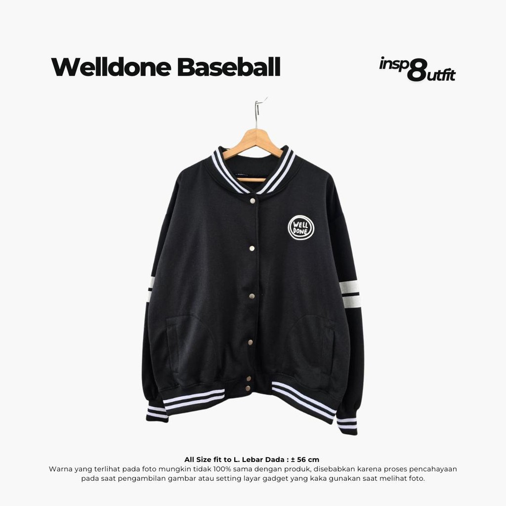 Welldone Baseball Hitam | Jaket Sweater Varsity Pria Fleece All Size