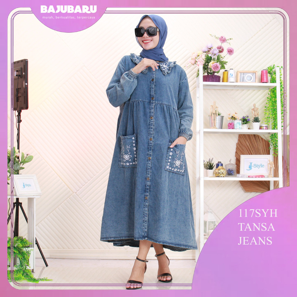 Midi Jeans Wash Busui Full Kancing Kerah Saku Depan Bordir Timbul Tansa