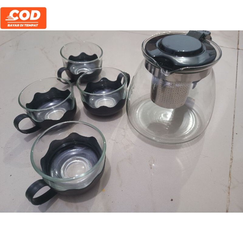 teko minuman teh herbal teapot China Chinese tea 900ml plus 4 gelas teko kaca
