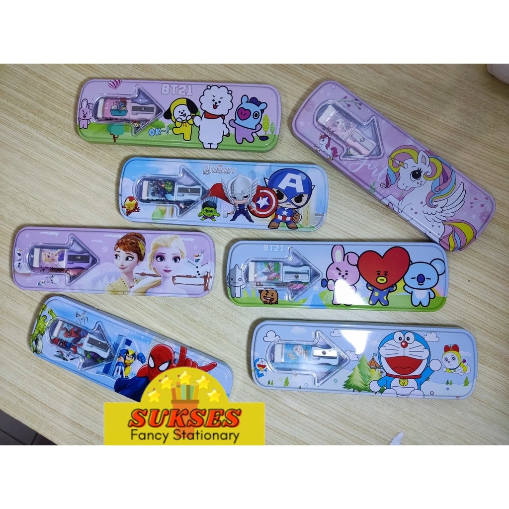 

Pencil case tepak kaleng 1 tingkat 4in1 karakter doraemon bt21 unicorn frozen spiderman avengers