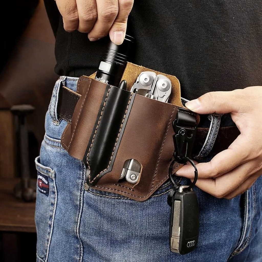 Sabuk Holster Kulit Taktikal Multifungsi Tas Pinggang Penyimpanan Kantong Saku Sarung Pena Pisau Sen