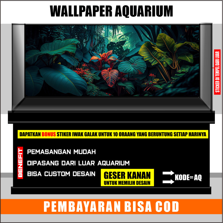 stiker background aquarium 3d timbul custome jumbo kaca akrilik besar full set daun nature aq