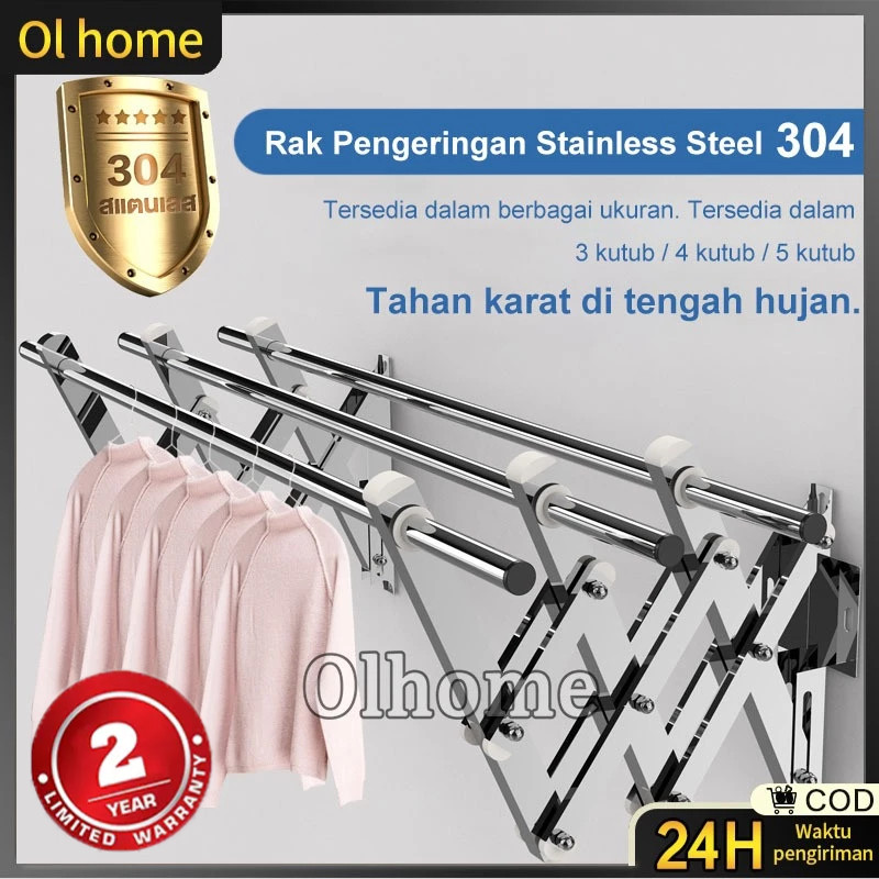 Olhome Jemuran Baju Tempel Dinding Jemuran Pakaian Lipat Stainless Jemuran Tempel Dinding Multilayer
