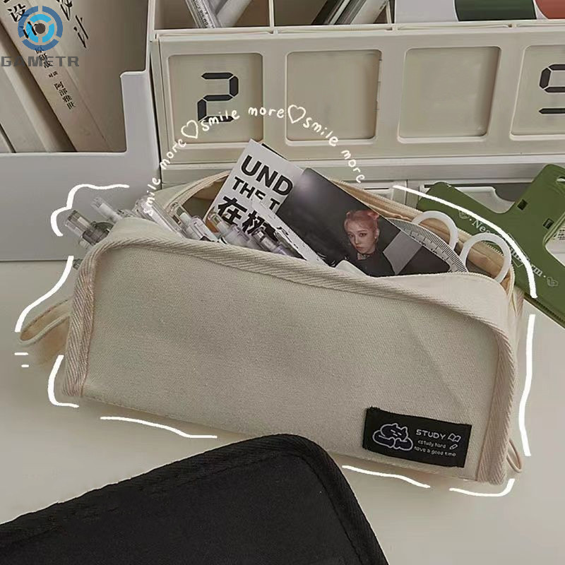 

Simplicity Multifunctional Pencil Case Solid Color Canvas Pencil Bag High Capacity Stationery Storage Bag School Supplies