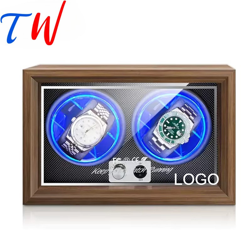 Custom Logo 2-Slot Automatic Watch Winder-Blue LED Rotator with Chain Design, Luxury Display Case fo