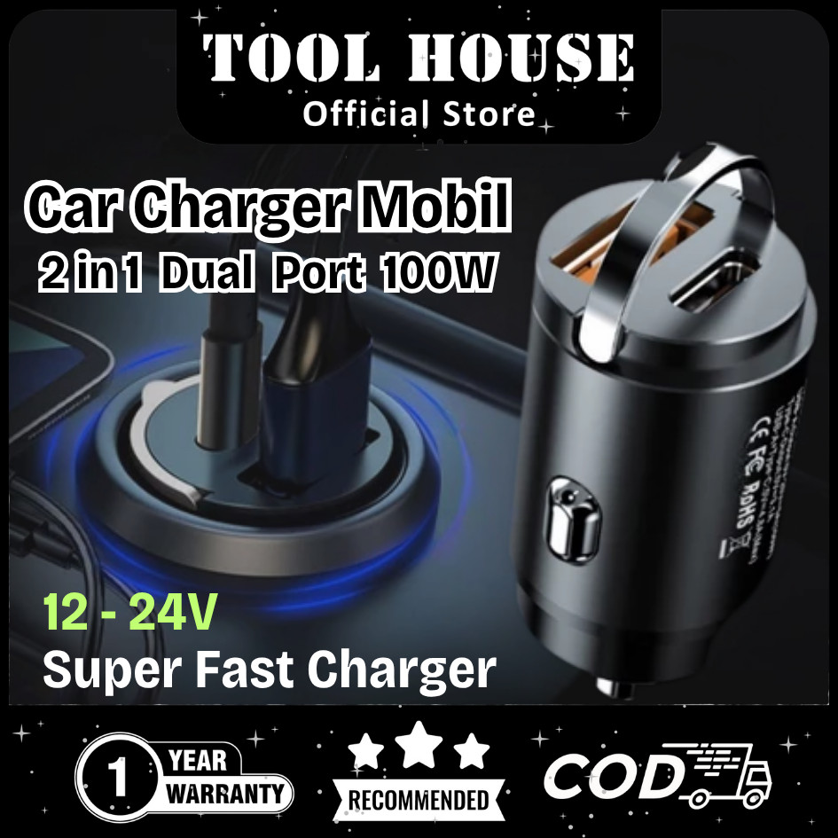 Tool House [Garansi Toko 1 Tahun] QC3.0 100W PD USB Pengisi Daya Mobil Super Cepat Adaptor Pengisi D