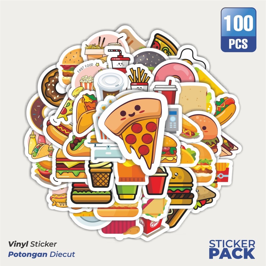

100 PCS STIKER Kartun Makanan Hamburger Sticker Waterproof Aesthetic- Untuk Laptop, Motor, dan Helm - Paper Stationery Pack