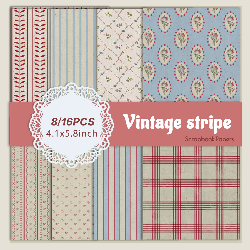 

Vintage Stripe Wave Point Pattern Scrapbook Paper 8/16 PCS Scrapbooking Supplies for Junk Journal Gift Wrapping DIY Card Making