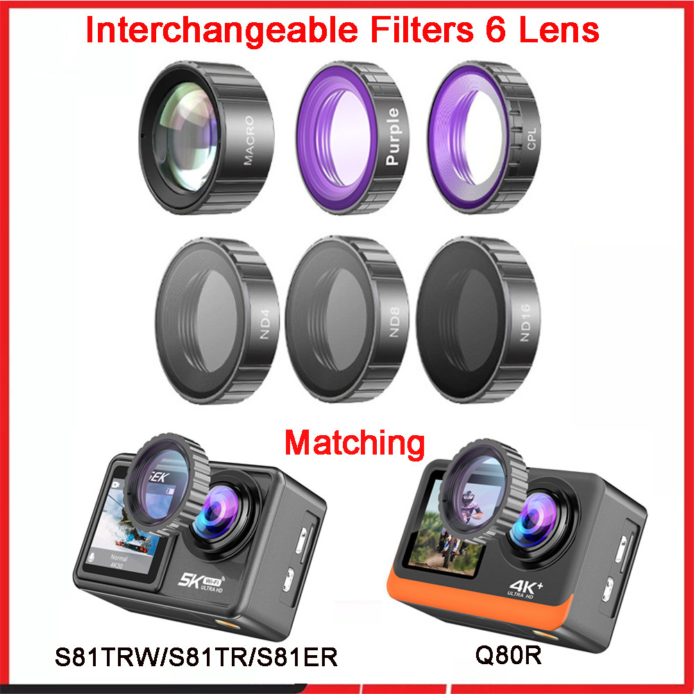 Interchangeable Filters 6 Lens Include /CPL(Polarizing)/Puple/Macro/ND4/ND8/ND16 Filter For Action C