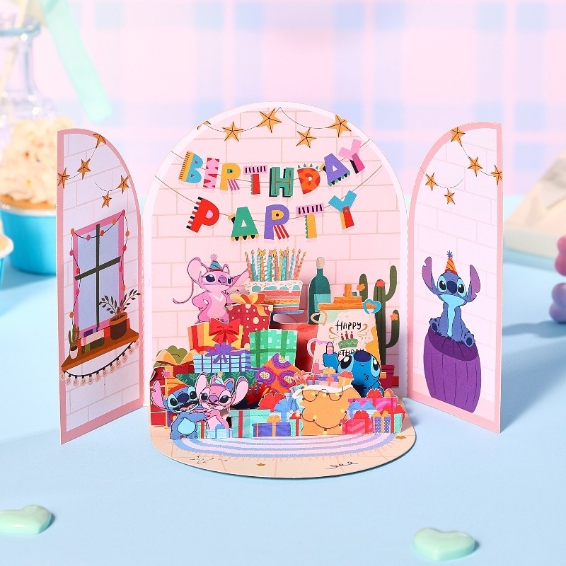 

Stitch Celebrate Birthday Greeting Card Creative Double Door Pop Up 3D Card Boojiboo & Angel Birthday Postcard Birthday Gifts