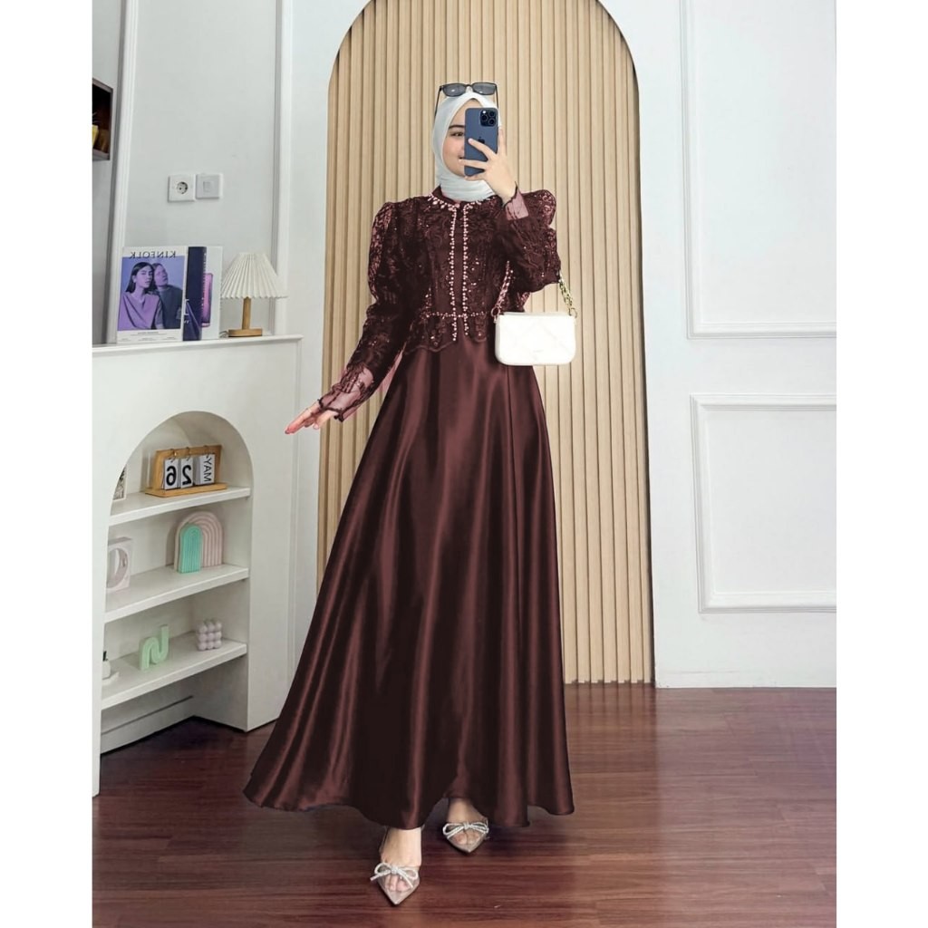 Gamis Satin Mewah Mahogany + Outer Brukat Full Payet Mutiara | Kondangan