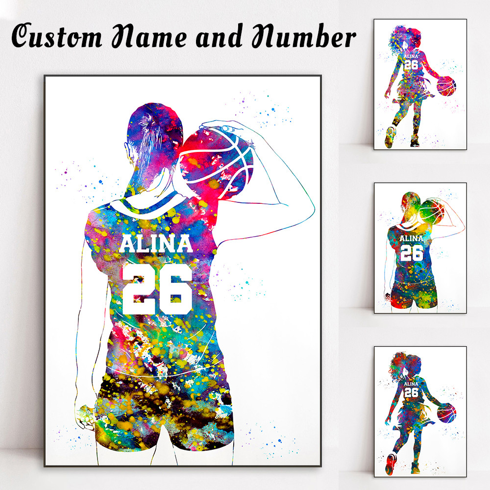 

Custom Name and Number Sport Watercolor Prints Basketball Player Little Girl Personalized Art Poster Canvas Painting Decor Gifts