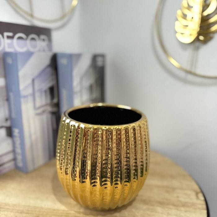 KRAMIK POT BUNGA PALSU GOLD VAS BUNGA DECORATIF GOLD - Labu tinggi 15cm