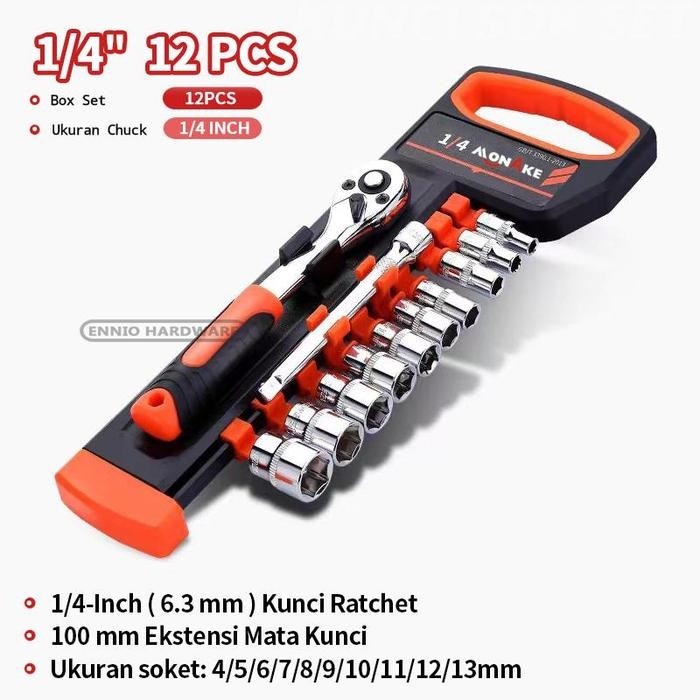 MONAKE Kunci Sok Set 12/32/37/46/53/61/82/94 pcs Set Lengkap Kunci Mata Sok 1/2'' and 1/4'' inch Set