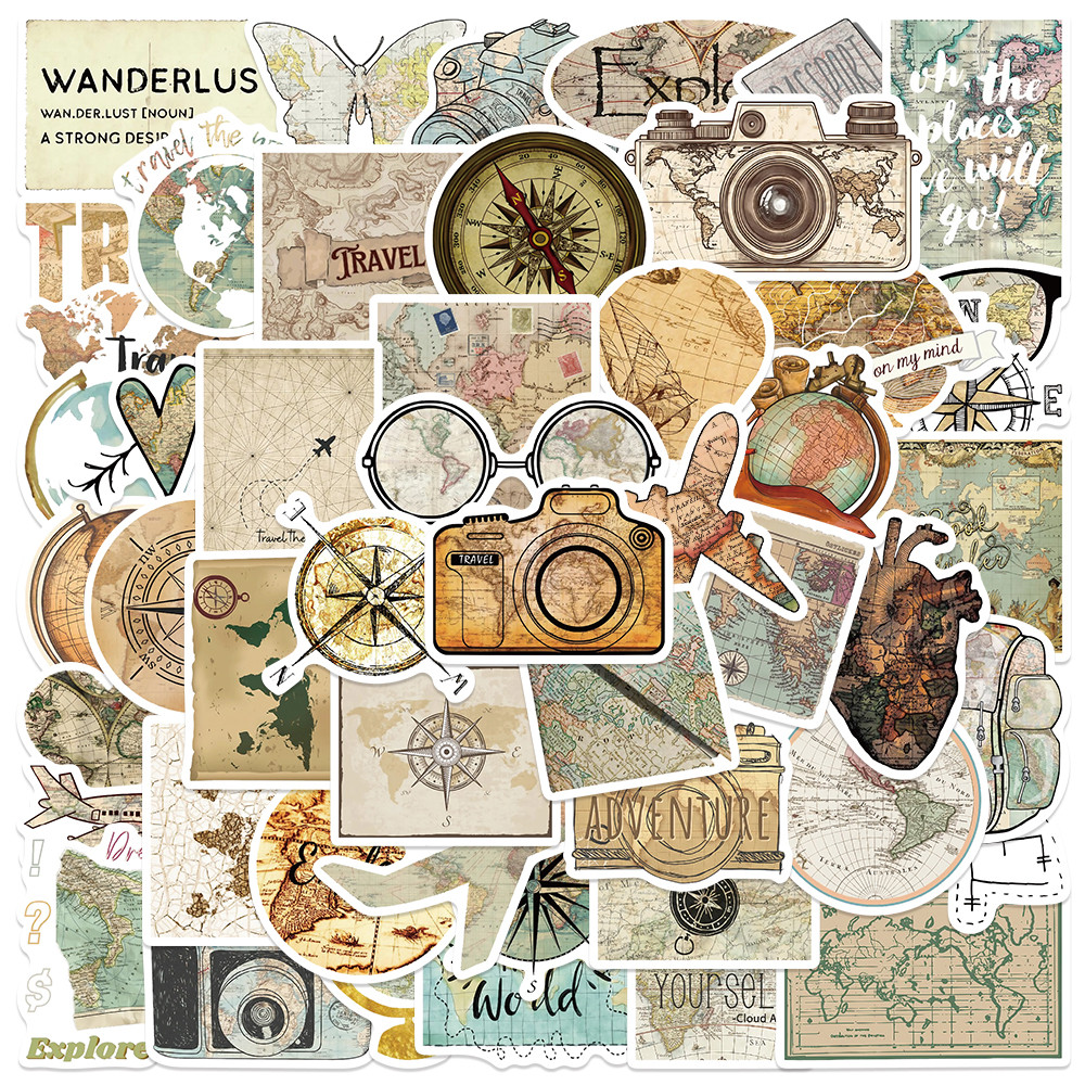 

50pcs Retro Aesthetic Travel Map Tourist Stickers For Luggage Laptop Guitar Phone Bicycle Car Waterproof Graffiti Vinyl Decals