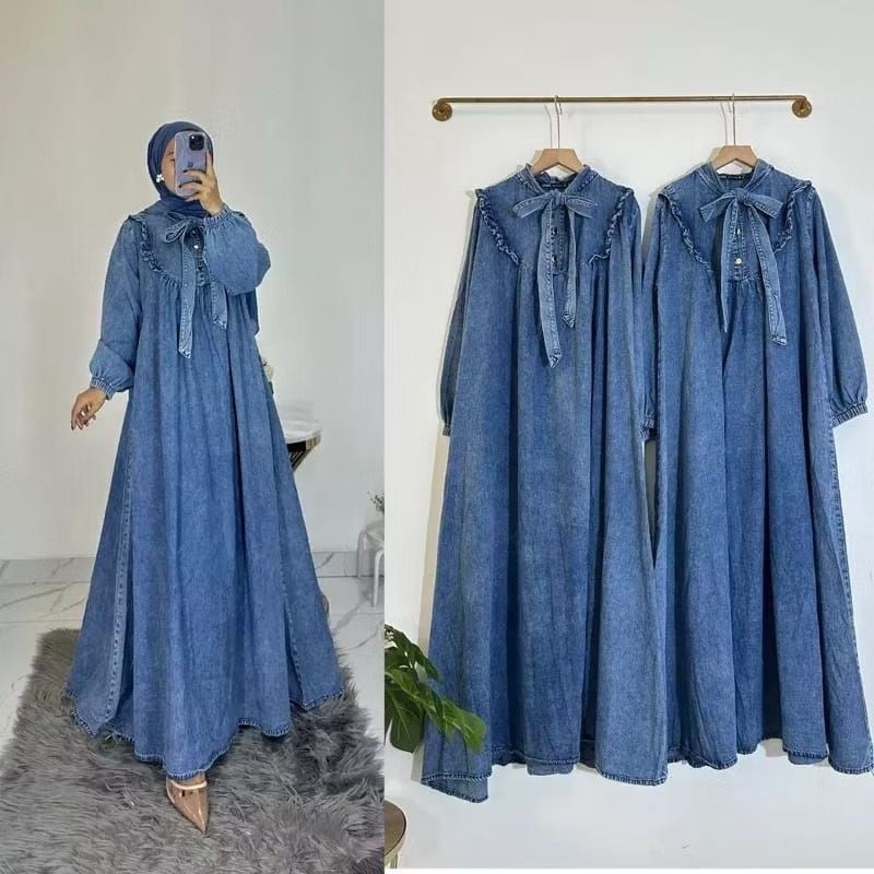 ZAHRA Gamis Jeans Jumbo Ribbon Dress Jeans Wash Premium / Gamis muslim syarii JUMBO