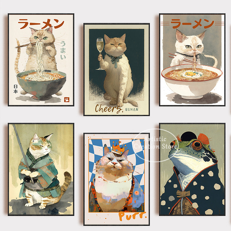 

Cute Cat Eating Ramen Poster Print Canvas Painting Minimalist Japanese Food Vintage Decor for Home Restaurant Kitchen Room Gifts