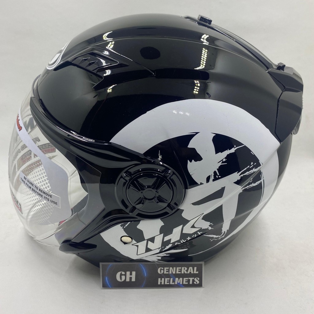 HELM NHK GLADIATOR KANJI BLACK WHITE GLOSSY DOUBLE VISOR HALF FACE
